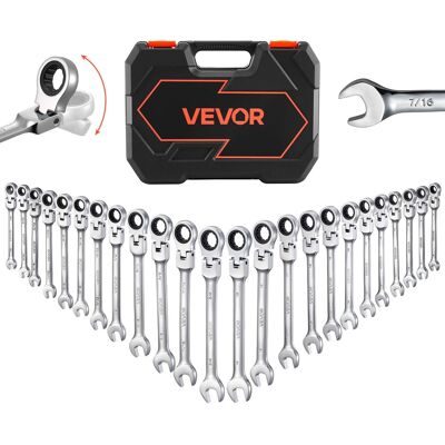 VEVOR - Flex-Head Ratcheting Wrench Set, 24-Piece SAE and Metric, 72 Teeth, Cr-V Steel Ratchet Flexible Combination Wrench Set - Silver VEVOR - Flex-Head Ratcheting Wrench Set, 24-Piece SAE and Metric, 72 Teeth, Cr-V Steel Ratchet Flexible Combination Wrench Set - Silver