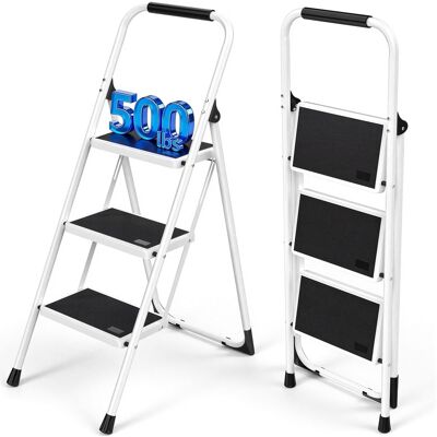 Sugift - 3 Step Ladder Folding Step Stool, 500 lb Capacity, Wide Anti-Slip Pedals, Cushioned Handle for Home Kitchen Workplace - White Sugift - 3 Step Ladder Folding Step Stool, 500 lb Capacity, Wide Anti-Slip Pedals, Cushioned Handle for Home Kitchen Workplace - White