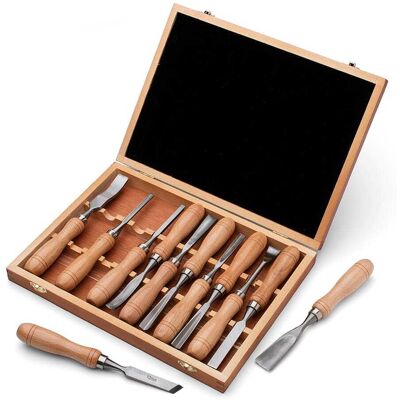 Kings County Tools - 12-Piece Wood Carving Tool Set with Beechwood Handles, Gouges & Chisels Kit with Wooden Storage Box Kings County Tools - 12-Piece Wood Carving Tool Set with Beechwood Handles, Gouges & Chisels Kit with Wooden Storage Box