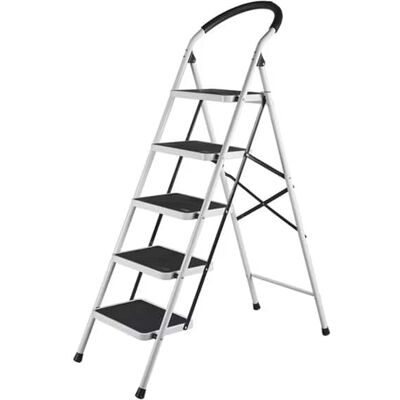 FED Fitness - 5 Step Ladder, Folding Step Stool with Extra Wide Anti-Slip Pedal, 350lbs Lightweight Portable Sturdy Steel Ladders - White FED Fitness - 5 Step Ladder, Folding Step Stool with Extra Wide Anti-Slip Pedal, 350lbs Lightweight Portable Sturdy Steel Ladders - White
