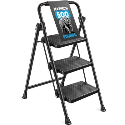 Medical King - 3-Step Folding Step Ladder – Lightweight & Portable Steel with Wide Anti-Slip Pedals – Ideal for Home & Office Use - Black Medical King - 3-Step Folding Step Ladder – Lightweight & Portable Steel with Wide Anti-Slip Pedals – Ideal for Home & Office Use - Black