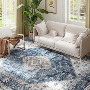 Homcom - 8x10 Vintage Carpet: Mach-Wash Distress Non-Slip Rug, Indoor Boho High Traffic - Blue Homcom - 8x10 Vintage Carpet: Mach-Wash Distress Non-Slip Rug, Indoor Boho High Traffic - Blue