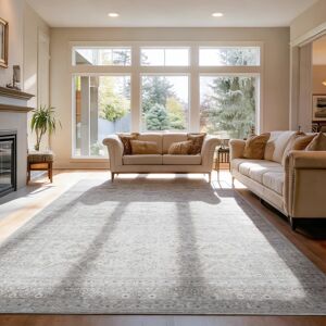 RYHNUYNE - 9x12 Washable Area Rug, Modern Traditional Stain Resistant Distressed Carpet, Soft Thin Rug for Dining Room Office - Gray RYHNUYNE - 9x12 Washable Area Rug, Modern Traditional Stain Resistant Distressed Carpet, Soft Thin Rug for Dining Room Office - Gray