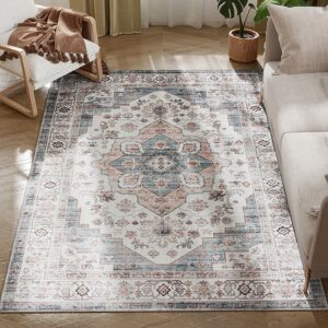 Homcom - 4x6 Vintage Rug: Mach-Wash Non-Slip Light Blue Distress, Indoor Boho Carpet Living Room - Brown and Light Blue Homcom - 4x6 Vintage Rug: Mach-Wash Non-Slip Light Blue Distress, Indoor Boho Carpet Living Room - Brown and Light Blue