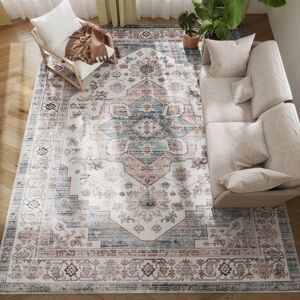 Homcom - 8x10 Vintage Rug: Mach-Wash Non-Slip Light Blue Distressed, Indoor Boho Carpet - Brown and Light Blue Homcom - 8x10 Vintage Rug: Mach-Wash Non-Slip Light Blue Distressed, Indoor Boho Carpet - Brown and Light Blue