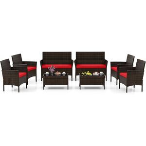 Gymax - 8 PCS Patio Furniture Set w/Washable Cushions & Tempered Glass Coffee Table - Mix Brown, Red Gymax - 8 PCS Patio Furniture Set w/Washable Cushions & Tempered Glass Coffee Table - Mix Brown, Red