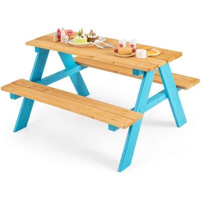 Costway - Kids Picnic Table Set Children Outdoor Wooden Table with Bench Seats Backyard - Blue+Natural Costway - Kids Picnic Table Set Children Outdoor Wooden Table with Bench Seats Backyard - Blue+Natural