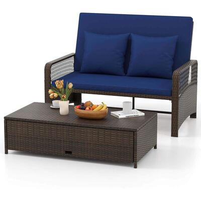 Costway - Patio Rattan Daybed Wicker Loveseat Sofa with Multifunctional Ottoman - Mix Brown + Blue Costway - Patio Rattan Daybed Wicker Loveseat Sofa with Multifunctional Ottoman - Mix Brown + Blue