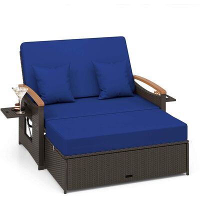 Costway - Patio Rattan Daybed Set with Cushioned Loveseat & Storage Ottoman for Porch - Navy Costway - Patio Rattan Daybed Set with Cushioned Loveseat & Storage Ottoman for Porch - Navy