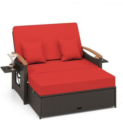 Costway - Patio Rattan Daybed Set with Cushioned Loveseat & Storage Ottoman for Porch - Red + Mix Brown Costway - Patio Rattan Daybed Set with Cushioned Loveseat & Storage Ottoman for Porch - Red + Mix Brown