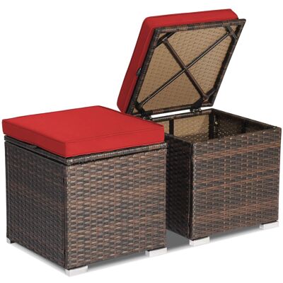 Costway - 2PCS Patio Rattan Ottomans Seat Side Table Storage Box Footstool with Cushions - Red + Mix Brown Costway - 2PCS Patio Rattan Ottomans Seat Side Table Storage Box Footstool with Cushions - Red + Mix Brown