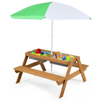 Costway - 3-in-1 Kids Picnic Table Wooden Outdoor Sand & Water Table with Umbrella Play Boxes - Natural Costway - 3-in-1 Kids Picnic Table Wooden Outdoor Sand & Water Table with Umbrella Play Boxes - Natural