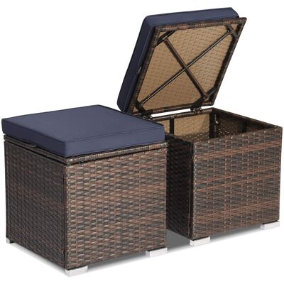 Costway - 2PCS Patio Rattan Ottomans Seat Side Table Storage Box Footstool with Cushions - Navy + Mix Brown Costway - 2PCS Patio Rattan Ottomans Seat Side Table Storage Box Footstool with Cushions - Navy + Mix Brown
