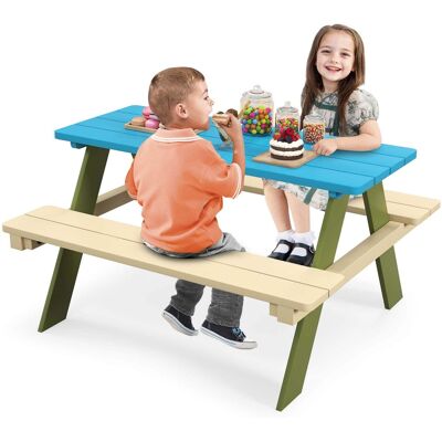 Costway - Kids Wooden Picnic Table Set Solid Dining Table with Built-in Benches for Patio - Blue + Green + Beige Costway - Kids Wooden Picnic Table Set Solid Dining Table with Built-in Benches for Patio - Blue + Green + Beige