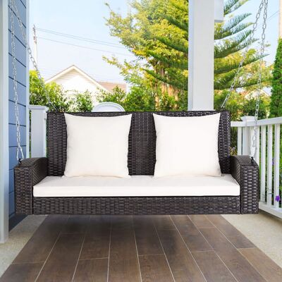 Costway - 2-Person Patio Rattan Hanging Porch Swing Bench Chair Cushion - Beige Costway - 2-Person Patio Rattan Hanging Porch Swing Bench Chair Cushion - Beige