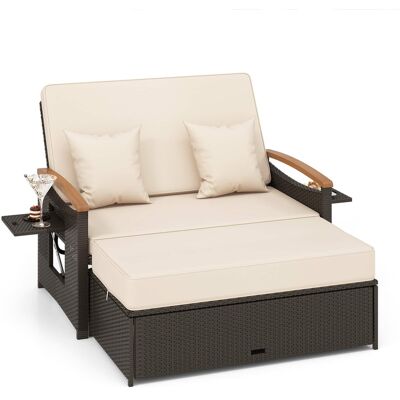 Costway - Patio Rattan Daybed Set with Cushioned Loveseat & Storage Ottoman for Porch - Beige + Mix Brown Costway - Patio Rattan Daybed Set with Cushioned Loveseat & Storage Ottoman for Porch - Beige + Mix Brown