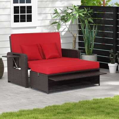 Costway - Patio Rattan Loveseat Set Daybed Lounge Storage Ottoman Side Tables Adjust - Red + Brown Costway - Patio Rattan Loveseat Set Daybed Lounge Storage Ottoman Side Tables Adjust - Red + Brown