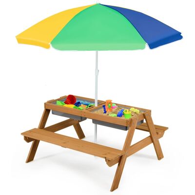 Costway - 3-in-1 Kids Picnic Table Wooden Outdoor Sand & Water Table with Umbrella Play Boxes - Green Costway - 3-in-1 Kids Picnic Table Wooden Outdoor Sand & Water Table with Umbrella Play Boxes - Green