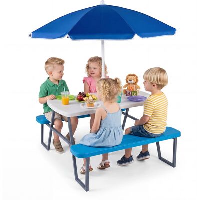 Costway - Kids Picnic Table with Benches Removable Adjustable Umbrella Metal Frame for Patio - Blue Costway - Kids Picnic Table with Benches Removable Adjustable Umbrella Metal Frame for Patio - Blue