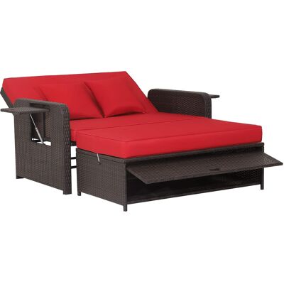 Costway - Patio Rattan Loveseat Set Daybed Lounge Storage Ottoman Side Tables Adjust - Red Costway - Patio Rattan Loveseat Set Daybed Lounge Storage Ottoman Side Tables Adjust - Red