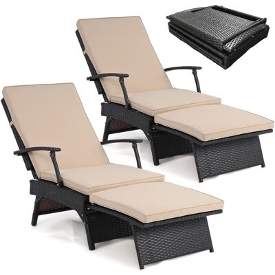 Costway - 2 PCS Folding Wicker Chaise Lounge with Slide-Out Ottoman, Sun-Proof PE Rattan - Mix Brown+Beige Costway - 2 PCS Folding Wicker Chaise Lounge with Slide-Out Ottoman, Sun-Proof PE Rattan - Mix Brown+Beige