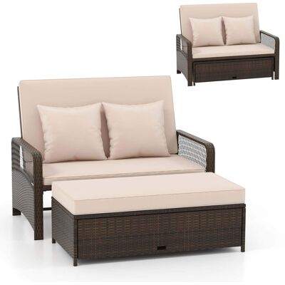 Costway - Patio Rattan Daybed Wicker Loveseat Sofa with Multifunctional Ottoman - Mix Brown + Beige Costway - Patio Rattan Daybed Wicker Loveseat Sofa with Multifunctional Ottoman - Mix Brown + Beige