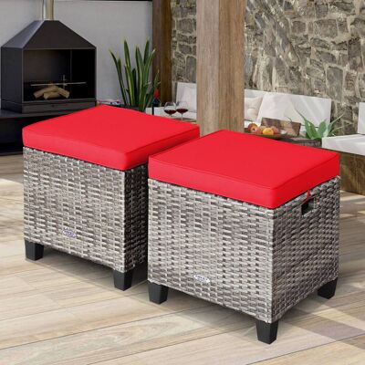 Costway - 2PCS Patio Rattan Cushioned Ottoman Seat Foot Rest Table - Red Costway - 2PCS Patio Rattan Cushioned Ottoman Seat Foot Rest Table - Red