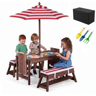 Costway - Kids Picnic Table & Benches Set with Adjustable Umbrella Removable Cushions Boxes - Red Costway - Kids Picnic Table & Benches Set with Adjustable Umbrella Removable Cushions Boxes - Red