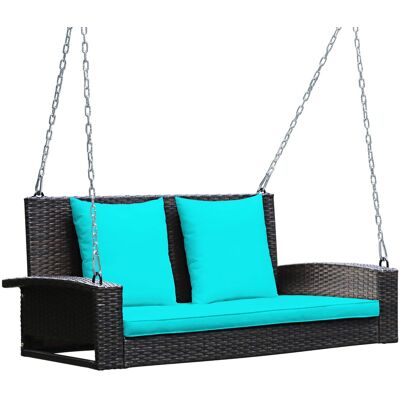 Costway - 2-Person Patio Rattan Hanging Porch Swing Bench Chair Cushion - Turquoise Costway - 2-Person Patio Rattan Hanging Porch Swing Bench Chair Cushion - Turquoise