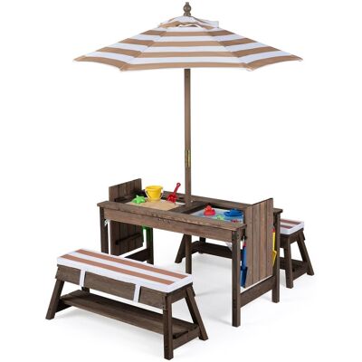 Costway - Kids Picnic Table & Benches Set with Adjustable Umbrella, Removable Cushions, Boxes - Brown Costway - Kids Picnic Table & Benches Set with Adjustable Umbrella, Removable Cushions, Boxes - Brown