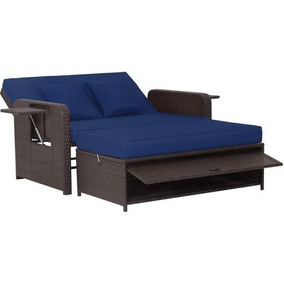 Costway - Patio Rattan Loveseat Set Daybed Lounge Storage Ottoman Side Tables Adjust - Navy Costway - Patio Rattan Loveseat Set Daybed Lounge Storage Ottoman Side Tables Adjust - Navy