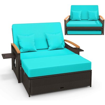 Costway - Patio Rattan Daybed Set with Cushioned Loveseat & Storage Ottoman for Porch - Turquoise + Mix Brown Costway - Patio Rattan Daybed Set with Cushioned Loveseat & Storage Ottoman for Porch - Turquoise + Mix Brown