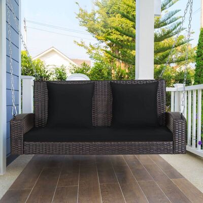 Costway - 2-Person Patio Rattan Hanging Porch Swing Bench Chair Cushion - Black Costway - 2-Person Patio Rattan Hanging Porch Swing Bench Chair Cushion - Black