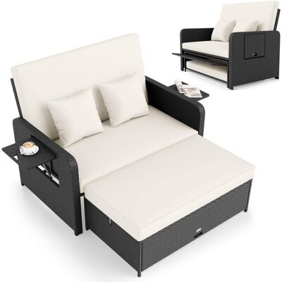 Costway - 2 PCS PE Wicker Outdoor Daybed with 4-Level Adjustable Backrest, Storage Ottoman - White + Black Costway - 2 PCS PE Wicker Outdoor Daybed with 4-Level Adjustable Backrest, Storage Ottoman - White + Black