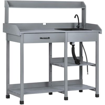 Outsunny - Potting Bench Table, Outdoor Garden Table Wooden Work Station with Removable Sink, Faucet, Drawer, Shelves, Hooks - Gray Outsunny - Potting Bench Table, Outdoor Garden Table Wooden Work Station with Removable Sink, Faucet, Drawer, Shelves, Hooks - Gray
