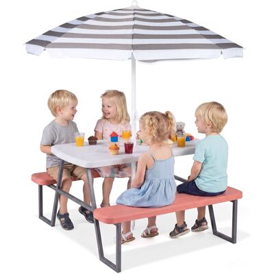 Costway - Kids Picnic Table with Benches Removable Adjustable Umbrella Metal Frame for Patio - Pink Costway - Kids Picnic Table with Benches Removable Adjustable Umbrella Metal Frame for Patio - Pink