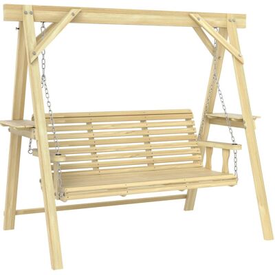 Outsunny - Seat Wooden Porch Swing with Stand, Patio Swing with Side Tables, for Garden, Poolside, Backyard - Natural Wood Outsunny - Seat Wooden Porch Swing with Stand, Patio Swing with Side Tables, for Garden, Poolside, Backyard - Natural Wood