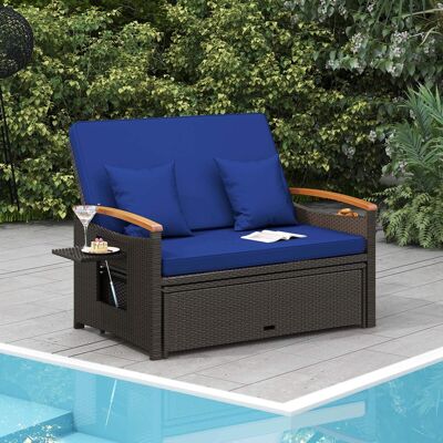 Costway - Patio Rattan Daybed Set with Cushioned Loveseat & Storage Ottoman for Porch - Navy + Mix Brown Costway - Patio Rattan Daybed Set with Cushioned Loveseat & Storage Ottoman for Porch - Navy + Mix Brown