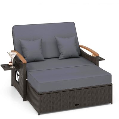 Costway - Patio Rattan Daybed Set with Cushioned Loveseat & Storage Ottoman for Porch - Gray Costway - Patio Rattan Daybed Set with Cushioned Loveseat & Storage Ottoman for Porch - Gray