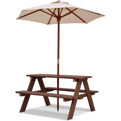 Gymax - Children Outdoor 4 Seat Kids Picnic Table Bench with Folding Umbrella - Brown Gymax - Children Outdoor 4 Seat Kids Picnic Table Bench with Folding Umbrella - Brown