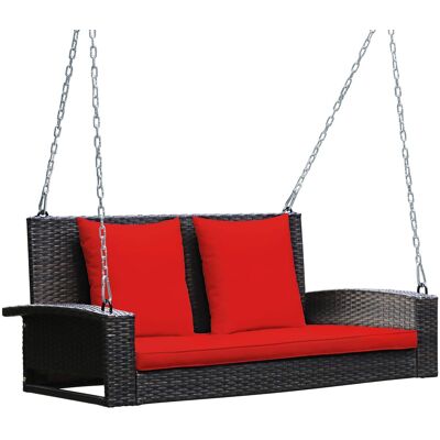 Costway - 2-Person Patio Rattan Hanging Porch Swing Bench Chair Cushion - Red Costway - 2-Person Patio Rattan Hanging Porch Swing Bench Chair Cushion - Red
