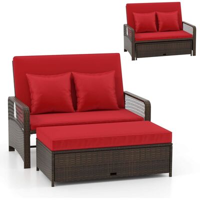 Costway - Patio Rattan Daybed Wicker Loveseat Sofa with Multifunctional Ottoman - Mix Brown + Red Costway - Patio Rattan Daybed Wicker Loveseat Sofa with Multifunctional Ottoman - Mix Brown + Red