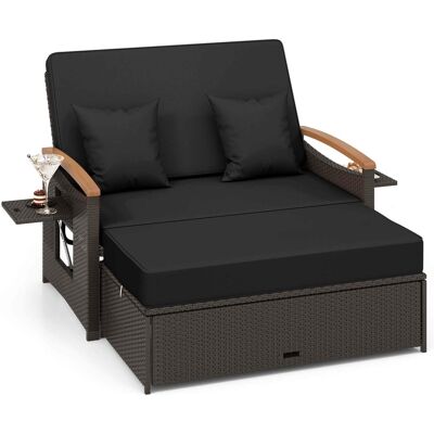Costway - Patio Rattan Daybed Set with Cushioned Loveseat & Storage Ottoman for Porch - Black + Mix Brown Costway - Patio Rattan Daybed Set with Cushioned Loveseat & Storage Ottoman for Porch - Black + Mix Brown