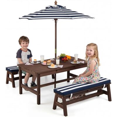 Gymax - Kids Picnic Table Outdoor Wooden Table & Bench Set w/ Removable Umbrella - Blue Gymax - Kids Picnic Table Outdoor Wooden Table & Bench Set w/ Removable Umbrella - Blue