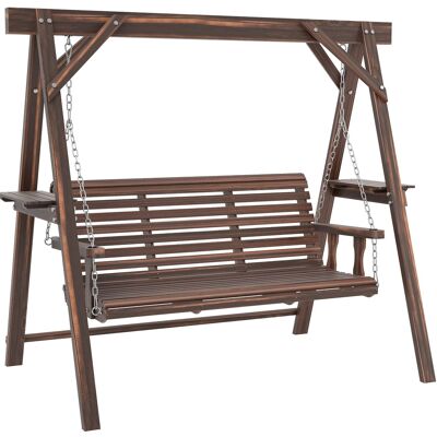 Outsunny - Seat Wooden Porch Swing with Stand, Patio Swing with Side Tables, for Garden, Poolside, Backyard - Brown Outsunny - Seat Wooden Porch Swing with Stand, Patio Swing with Side Tables, for Garden, Poolside, Backyard - Brown