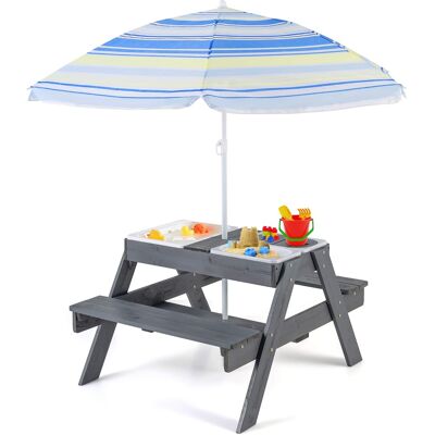 Gymax - 4-in-1 Kids Picnic Table Set w/ 3 Removable Bins & Lids Foldable Umbrella - Grey, Blue Gymax - 4-in-1 Kids Picnic Table Set w/ 3 Removable Bins & Lids Foldable Umbrella - Grey, Blue