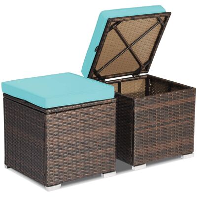 Costway - 2PCS Patio Rattan Ottomans Seat Side Table Storage Box Footstool with Cushions - Turquoise + Mix Brown Costway - 2PCS Patio Rattan Ottomans Seat Side Table Storage Box Footstool with Cushions - Turquoise + Mix Brown