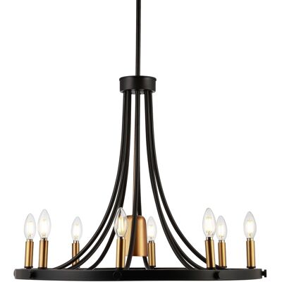 Jonathan Y - Dante 26.75" 9-Light Transitional Modern Iron Adjustable Wagon Wheel LED Chandelier with Downlight - Black/Brass Gold Jonathan Y - Dante 26.75" 9-Light Transitional Modern Iron Adjustable Wagon Wheel LED Chandelier with Downlight - Black/Brass Gold