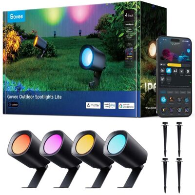 Govee - Outdoor Spotlights Lite 4 Pack, IP67 Waterproof Spotlights, RGBWIC Color Changing Light for Outdoor - Black Govee - Outdoor Spotlights Lite 4 Pack, IP67 Waterproof Spotlights, RGBWIC Color Changing Light for Outdoor - Black