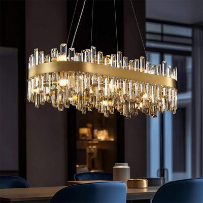Siljoy - 16-Light K9 Crystal Chandelier, 35.4'' Rectangle Hanging Light with Adjustable Chain for Dining Kitchen Island - Gold Siljoy - 16-Light K9 Crystal Chandelier, 35.4'' Rectangle Hanging Light with Adjustable Chain for Dining Kitchen Island - Gold